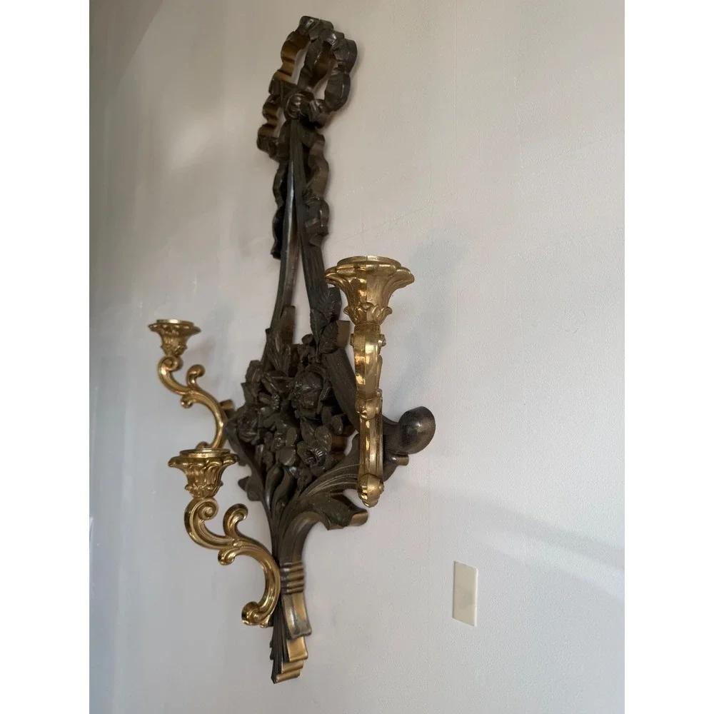 Vintage Syroco 3 Arm Wall Sconce Floral Bow Hollywood Regency Gold Faux Wood 25